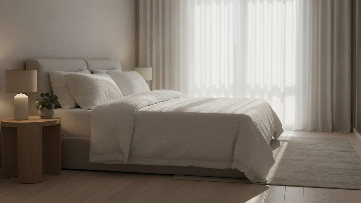 A calm, dimly lit bedroom with a neatly made bed and soft morning light