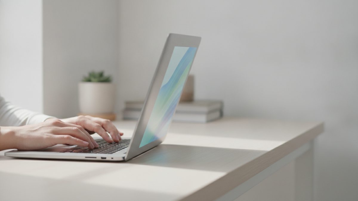 Hands typing on a laptop with a loading spinner on screen