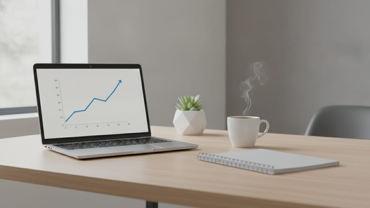 A laptop on a clean desk showing a simple analytics dashboard, with a notebook and coffee nearby