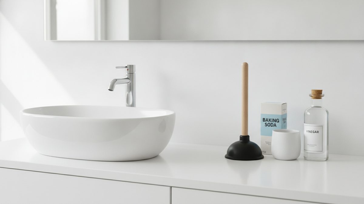 A clogged sink drain being cleared with a plunger